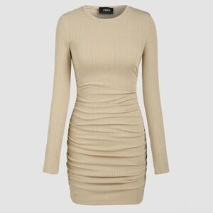 CIDER ROUND NECKLINE RUCHED LONG SLEEVE MINI DRESS